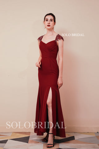 Red Diamond Neck Cap Sleeve Red Mermaid Wedding Party Bridesmaid Dresses