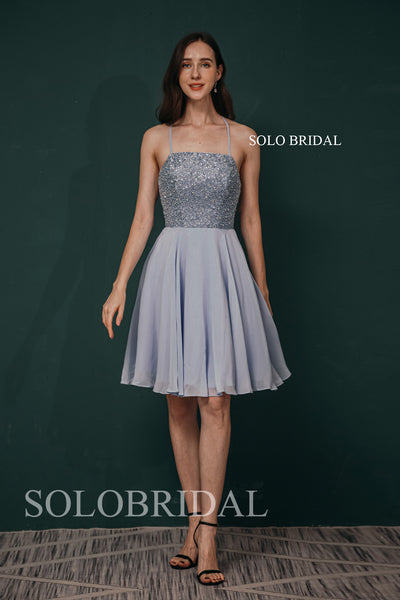 Elegant Grey Sequin Top 2021 Short Chiffon Bridesmaid Dresses