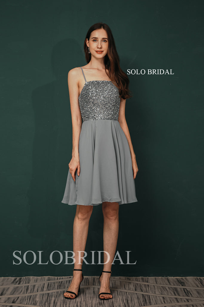 Elegant Grey Sequin Top 2021 Short Chiffon Bridesmaid Dresses Custom Made Upto UK Size 18 Elegant Grey Sequin Top 2021 Short Chiffon Bridesmaid Dresses Custom Made Upto UK Size 18