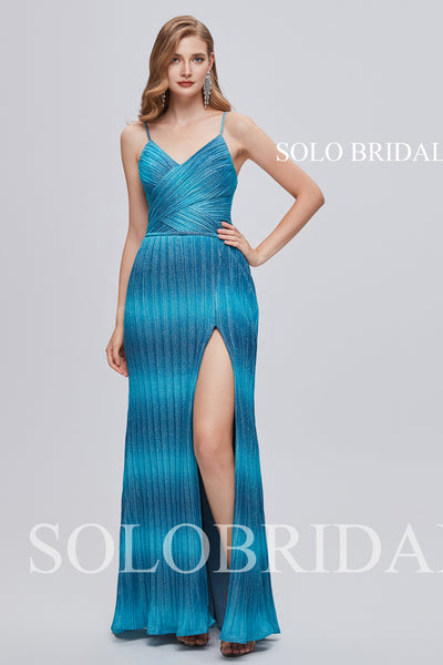 301078b1 Blue V neck Floor Length Spaghetti Straps Prom Dress