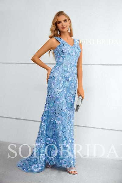 Blue V Neck Fit and Flare Floral Lace Evening Dress 3011031