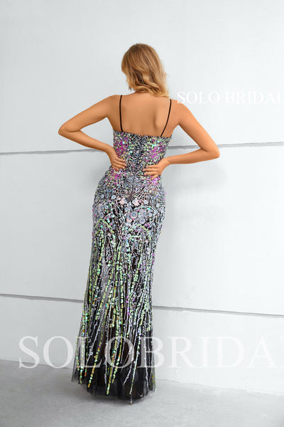 Black Sweetheart Thin Straps Split Colorful Sequin Evening Dress 3110951
