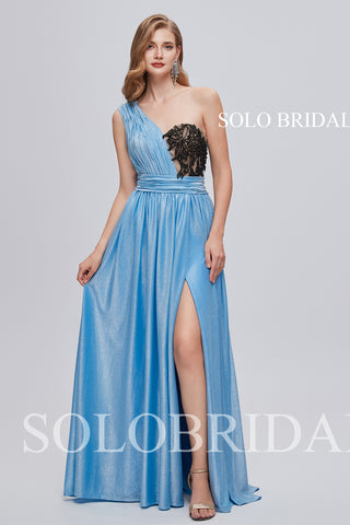 3210821 Sky Blue One Shoulder Floor Length Slit Prom Dress