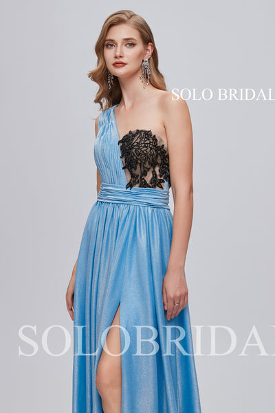 3210821 Sky Blue One Shoulder Floor Length Slit Prom Dress