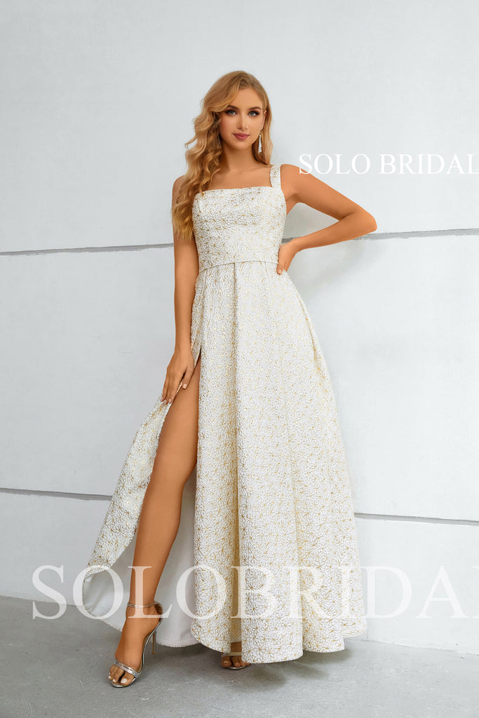 Gold Embroidery A line Thick Strap Square Split Evening Dress 3311011 SoloBridal Gold Embroidery A line Thick Strap Square Split Evening Dress 3311011 SoloBridal