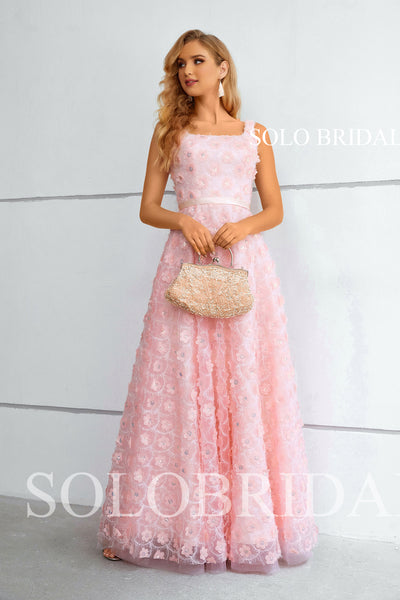 Pink Square Neck A line Floral Corset Evening Dress 3311051