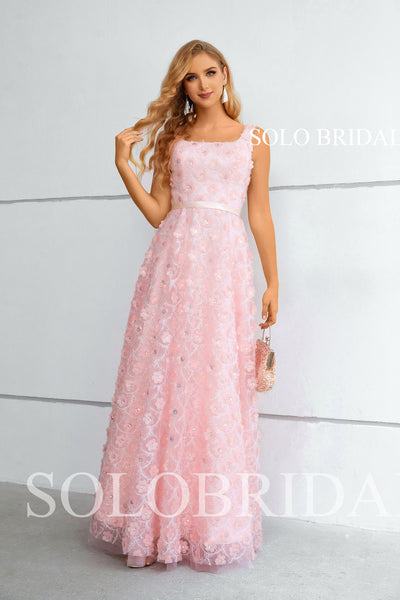 Pink Square Neck A line Floral Corset Evening Dress 3311051