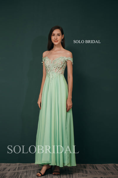 Pink Off Shoulder Long Seen Through Lace Top Chiffon Bridesmaid Dresses