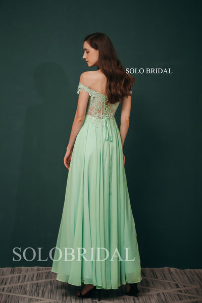 Pink Off Shoulder Long Seen Through Lace Top Chiffon Bridesmaid Dresses