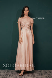 Pink Off Shoulder Long Seen Through Lace Top Chiffon Bridesmaid Dresses