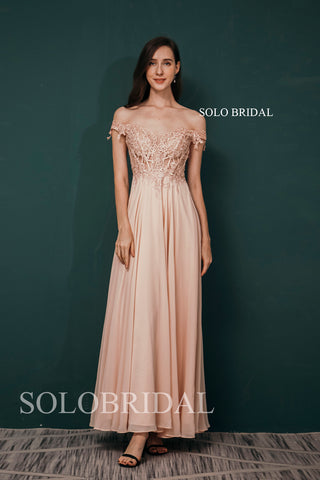 Pink Off Shoulder Long Seen Through Lace Top Chiffon Bridesmaid Dresses