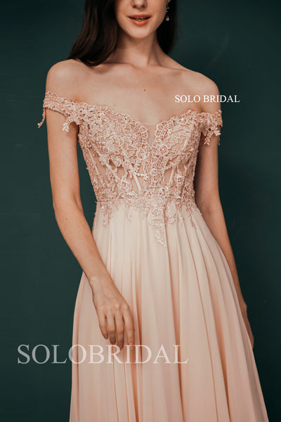 Pink Off Shoulder Long Seen Through Lace Top Chiffon Bridesmaid Dresses