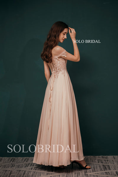 Pink Off Shoulder Long Seen Through Lace Top Chiffon Bridesmaid Dresses