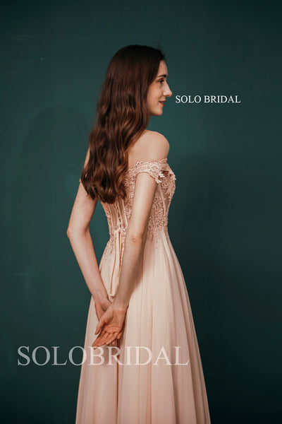 Pink Off Shoulder Long Seen Through Lace Top Chiffon Bridesmaid Dresses