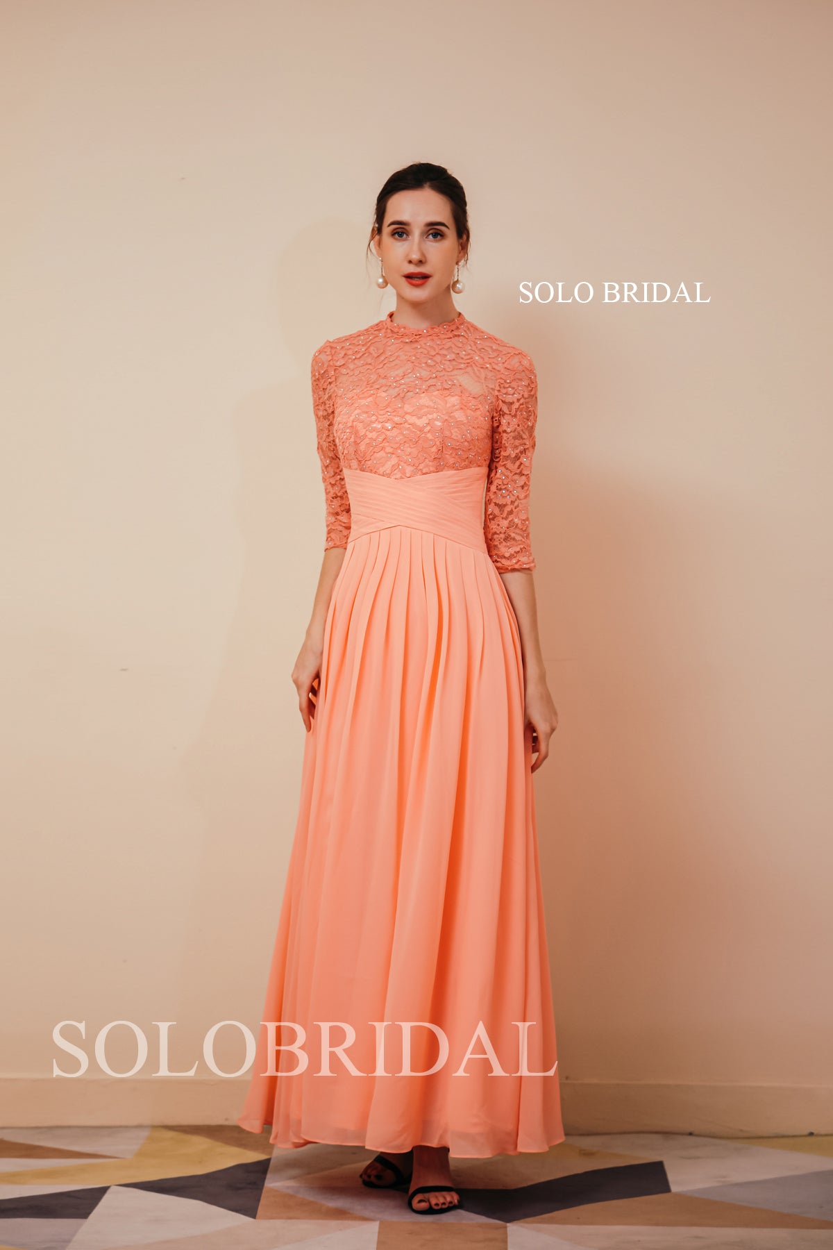 Orange Covered Lace Top Chiffon Skirt Long Bridesmaid Dresses