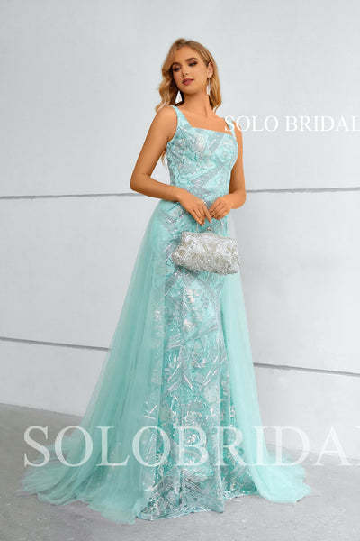 Tiffany Blue One Shoulder Sparkle Fit and Flare Removable Party Dress 3510721