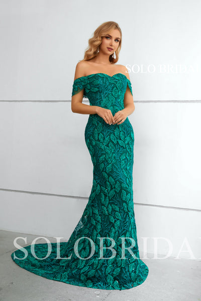 Green Sparkle Off Shoulder Sweetheart Fit and Flare Lady Lace Evening Dresses 3510861