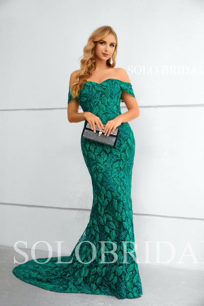 Green Sparkle Off Shoulder Sweetheart Fit and Flare Lady Lace Evening Dresses 3510861