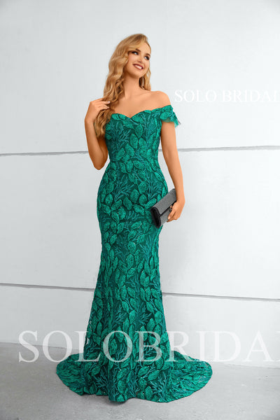 Green Sparkle Off Shoulder Sweetheart Fit and Flare Lady Lace Evening Dresses 3510861