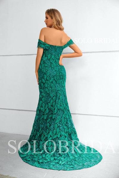 Green Sparkle Off Shoulder Sweetheart Fit and Flare Lady Lace Evening Dresses 3510861