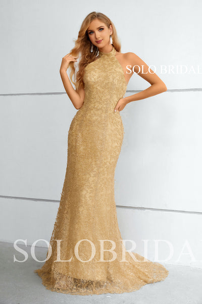 Gold Halter Fit and Flare Small Trail Evening Dress 3510891