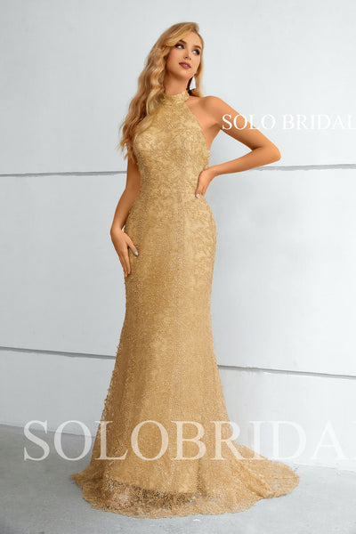 Gold Halter Fit and Flare Small Trail Evening Dress 3510891