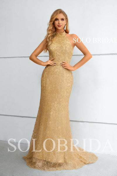 Gold Halter Fit and Flare Small Trail Evening Dress 3510891