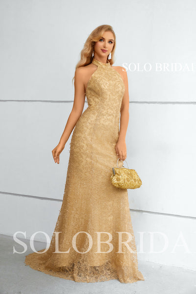 Gold Halter Fit and Flare Small Trail Evening Dress 3510891