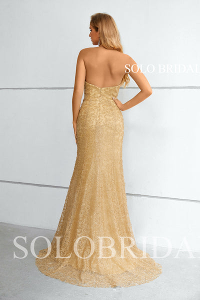 Gold Halter Fit and Flare Small Trail Evening Dress 3510891