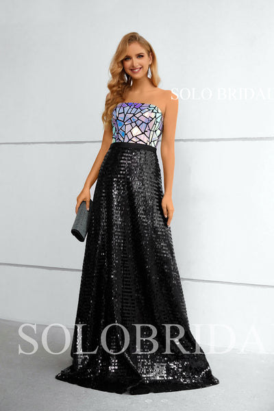 Black Sequin Strapless High Waist A line Evening Dress 3510941