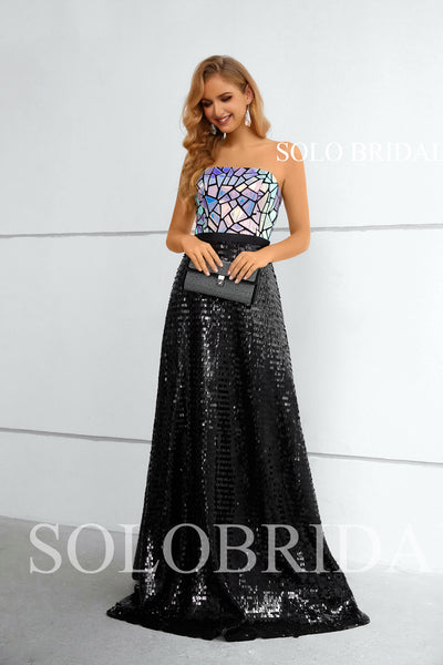 Black Sequin Strapless High Waist A line Evening Dress 3510941