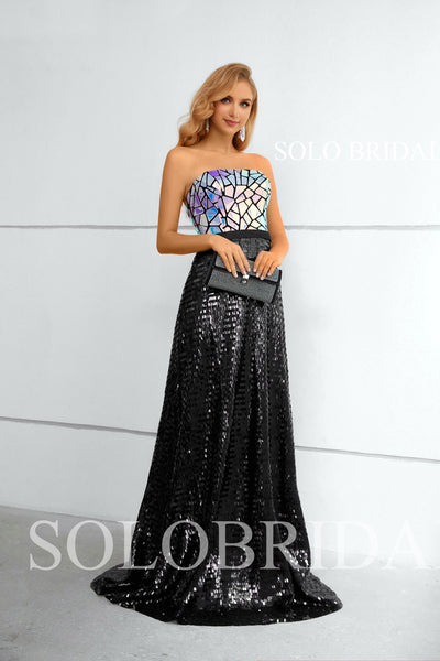 Black Sequin Strapless High Waist A line Evening Dress 3510941