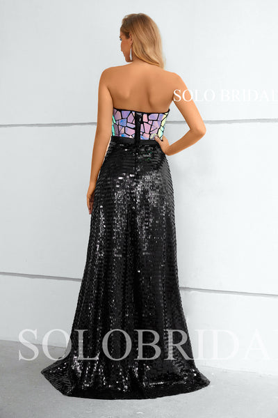 Black Sequin Strapless High Waist A line Evening Dress 3510941