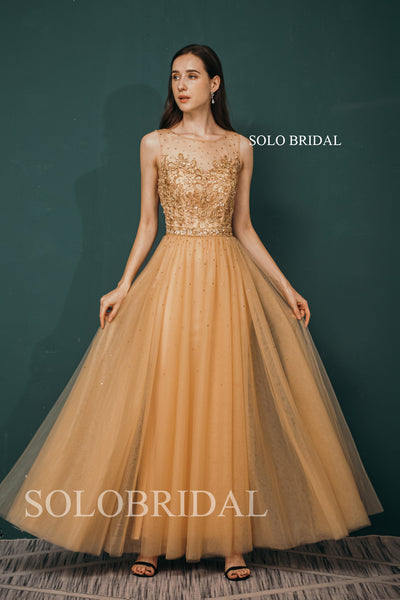 Gold A-line Illusion Neck Sleeveless Tulle Bridesmaid Dresses