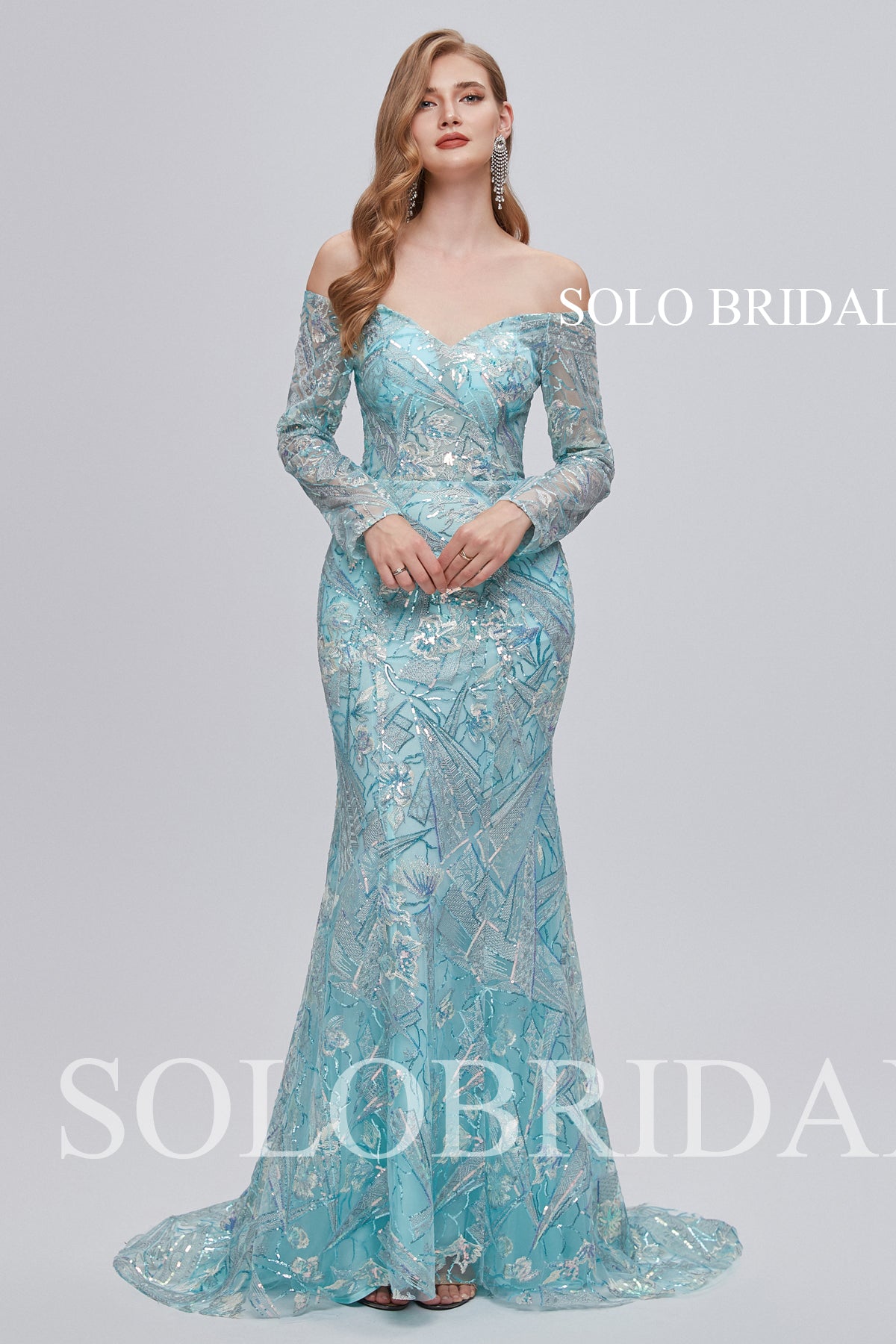 3810711 Tiffany Blue Off Shoulder Long Sleeve Fit and Flare Evening Dr SoloBridal 3810711 Tiffany Blue Off Shoulder Long Sleeve Fit and Flare Evening Dr SoloBridal