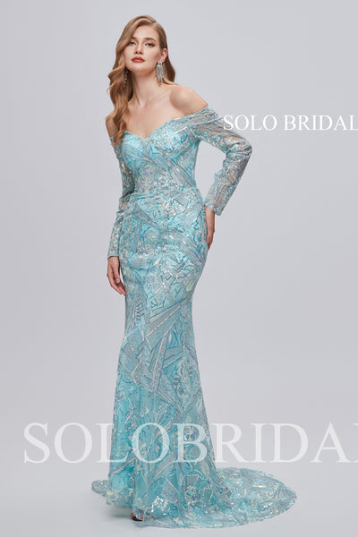 3810711 Tiffany Blue Off Shoulder Long Sleeve Fit and Flare Evening Dress