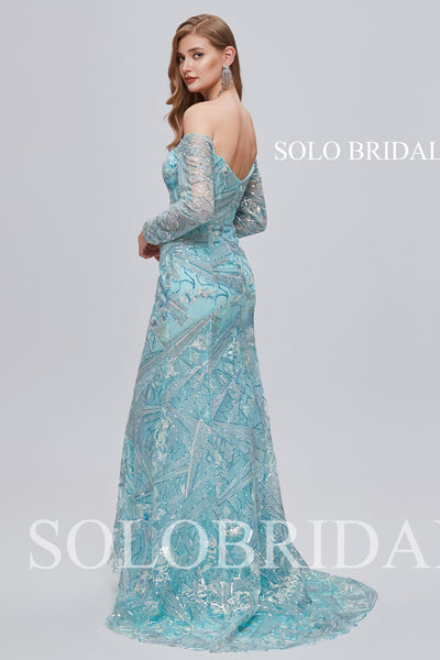 3810711 Tiffany Blue Off Shoulder Long Sleeve Fit and Flare Evening Dress