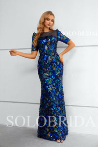 Blue Large Sequin Half Sleeve Fit and Flare Long Evening Dress 4010841