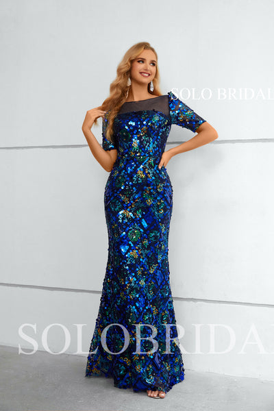 Blue Large Sequin Half Sleeve Fit and Flare Long Evening Dress 4010841