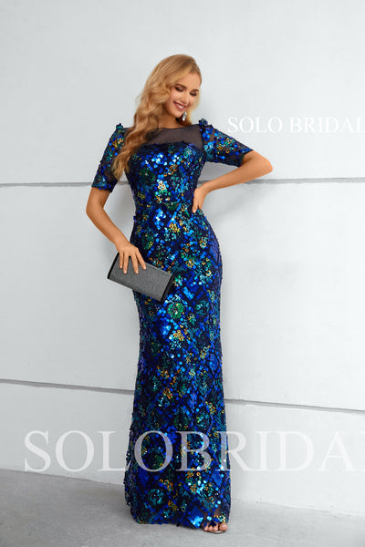 Blue Large Sequin Half Sleeve Fit and Flare Long Evening Dress 4010841