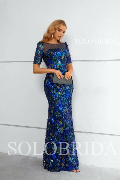 Blue Large Sequin Half Sleeve Fit and Flare Long Evening Dress 4010841