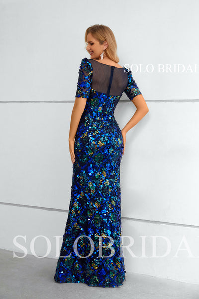 Blue Large Sequin Half Sleeve Fit and Flare Long Evening Dress 4010841