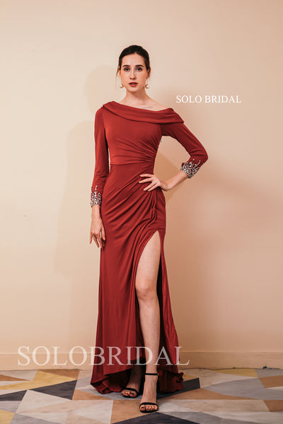 Black Bridesmaid Dresses 2022 Crepe High Slit Off Shoulder Long Sleeves Party Guest Dress