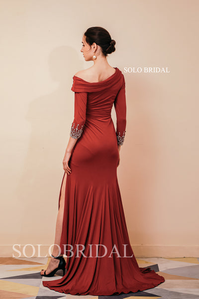 Black Bridesmaid Dresses 2022 Crepe High Slit Off Shoulder Long Sleeves Party Guest Dress