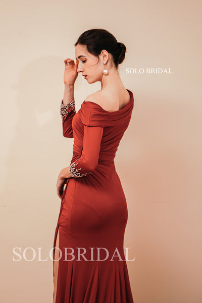 Black Bridesmaid Dresses 2022 Crepe High Slit Off Shoulder Long Sleeves Party Guest Dress