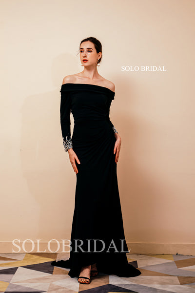 Black Bridesmaid Dresses 2022 Crepe High Slit Off Shoulder Long Sleeves Party Guest Dress