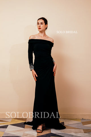 Black Bridesmaid Dresses 2022 Crepe High Slit Off Shoulder Long Sleeves Party Guest Dress