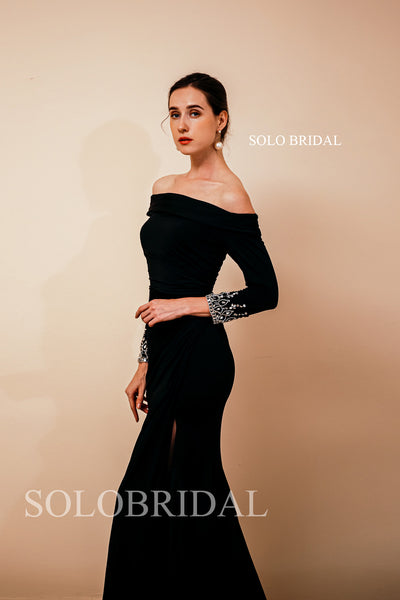 Black Bridesmaid Dresses 2022 Crepe High Slit Off Shoulder Long Sleeves Party Guest Dress