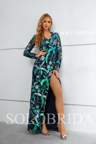 Green and blue Full Sleeve V neck Fit and flare Slit Evening Dress 4510881