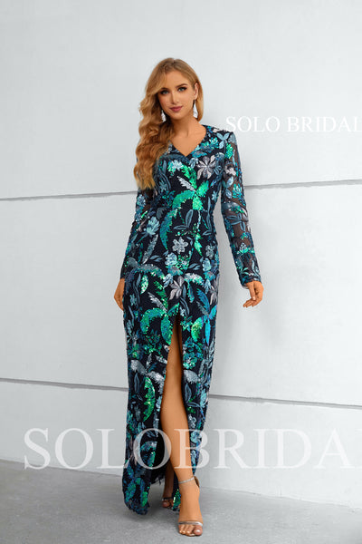 Green and blue Full Sleeve V neck Fit and flare Slit Evening Dress 4510881